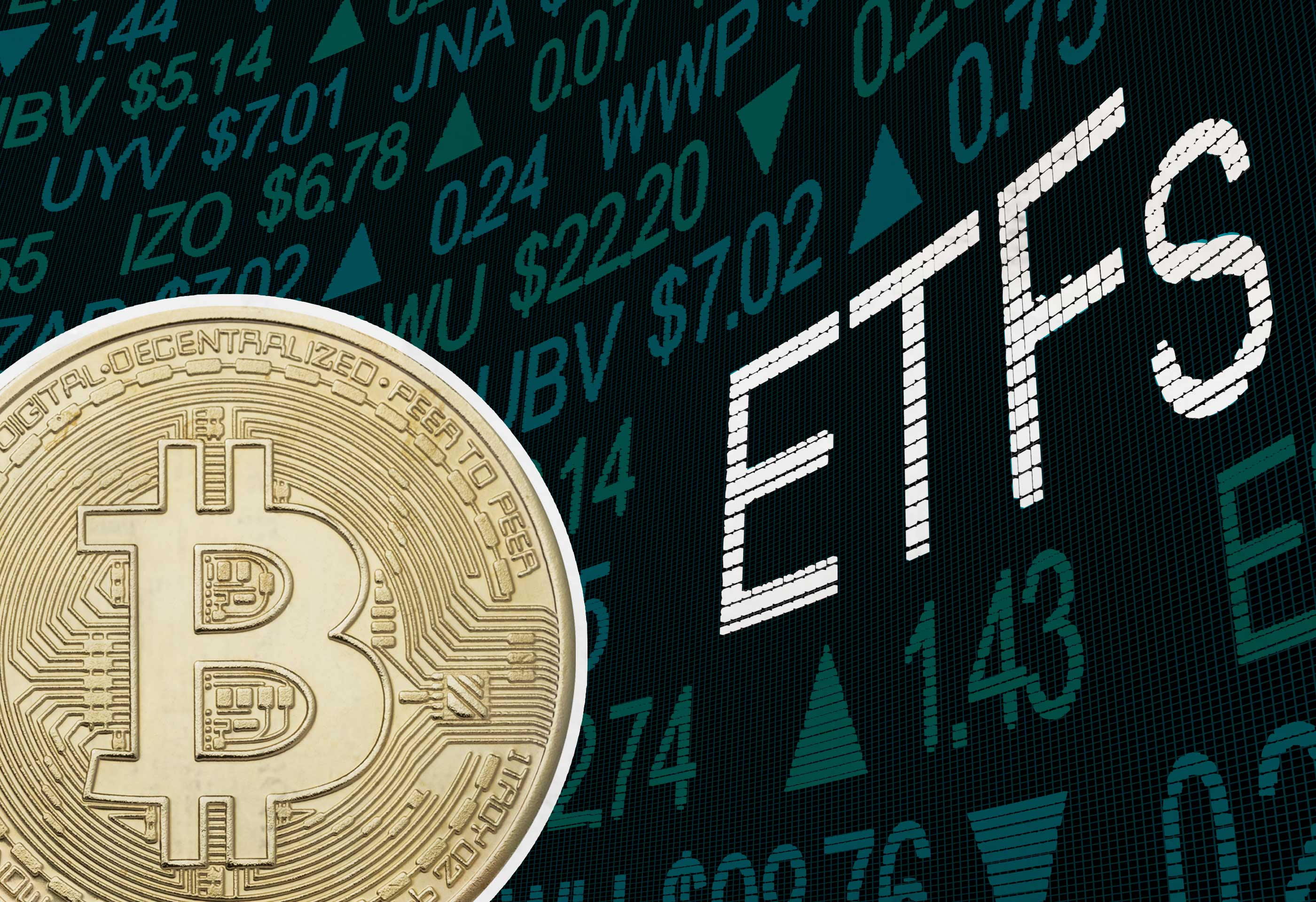 A GOLD BITCOIN IN FRONT OF STOCK MARKET AS ETF SYMBOL